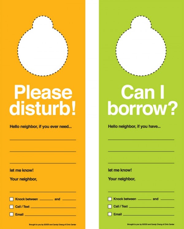 Front and Back of the Neighbour Doorknob Hanger created by Candy Chang to encourage neighbours to feel more open to sharing