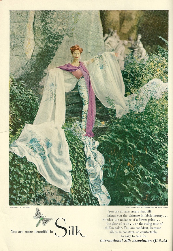 A cutting from a 1950s magazine shows how well a hint of Pantone Radiant Orchid works amongst a sea of green (image source unknown)