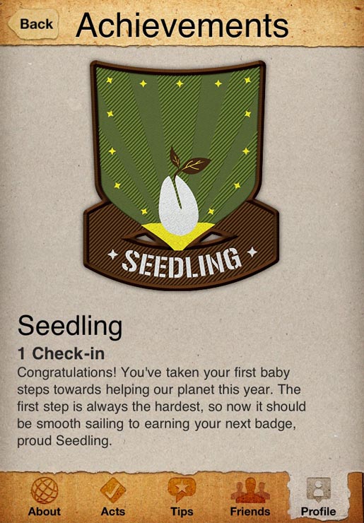 Earth Hour iPhone app Achievements section on the Profile page made up of discarded cardboard and a hand-sewn badge (image from Earth Hour app)