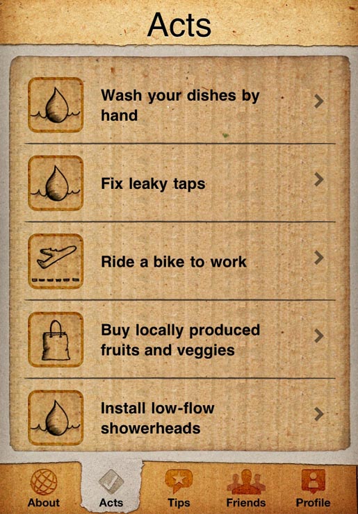 Earth Hour 60+ iPhone app "Acts" page showing thing that the user can do (image via Earth Hour app)